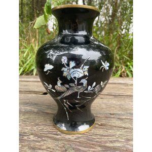 Vintage 1960s Japanese Brass Black Lacquer Vase Inlaid shell Birds